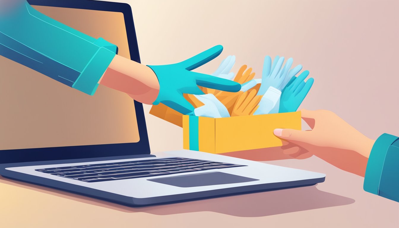 A hand reaches for a box of disposable gloves on a computer screen, surrounded by an online shopping interface