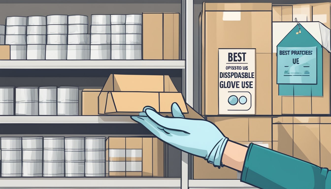 A hand reaches for a box of disposable gloves on a shelf, with a sign reading "Best Practices for Disposable Glove Use" in the background