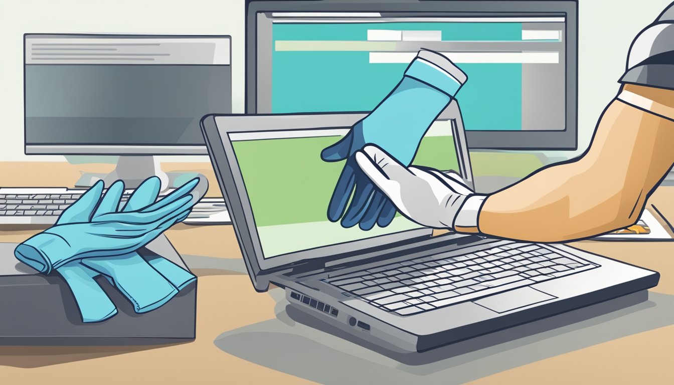 A hand reaching for a box of disposable gloves, with a computer screen in the background showing "Frequently Asked Questions disposable gloves buy online"