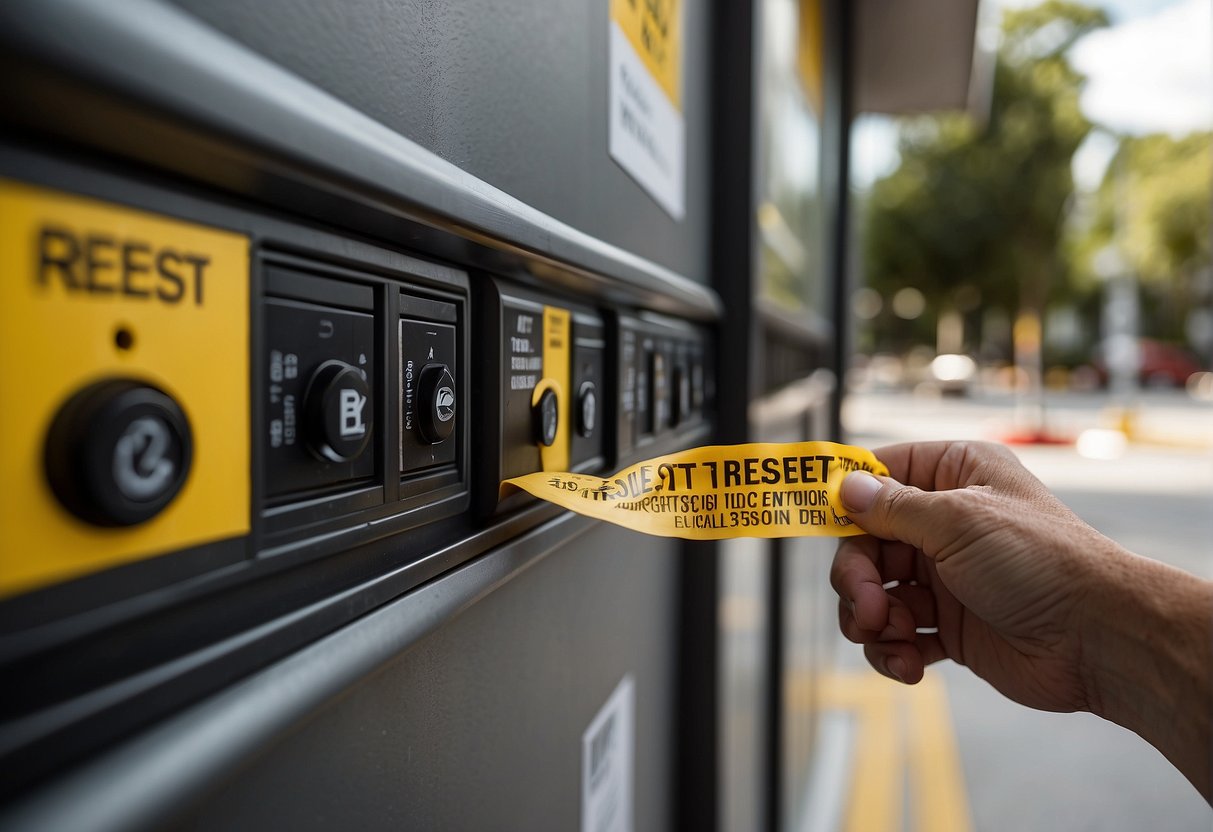 A hand reaching for the outdoor outlet's reset button with caution tape and safety signage in the background