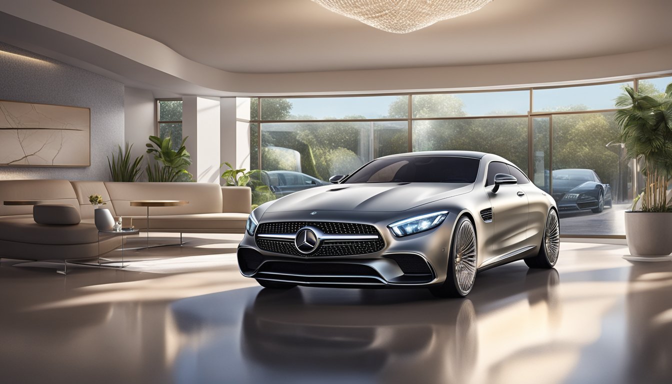 A sleek Mercedes model gleams in a showroom, surrounded by elegant decor and soft lighting. The car's curves and details are highlighted, inviting the viewer to imagine themselves behind the wheel