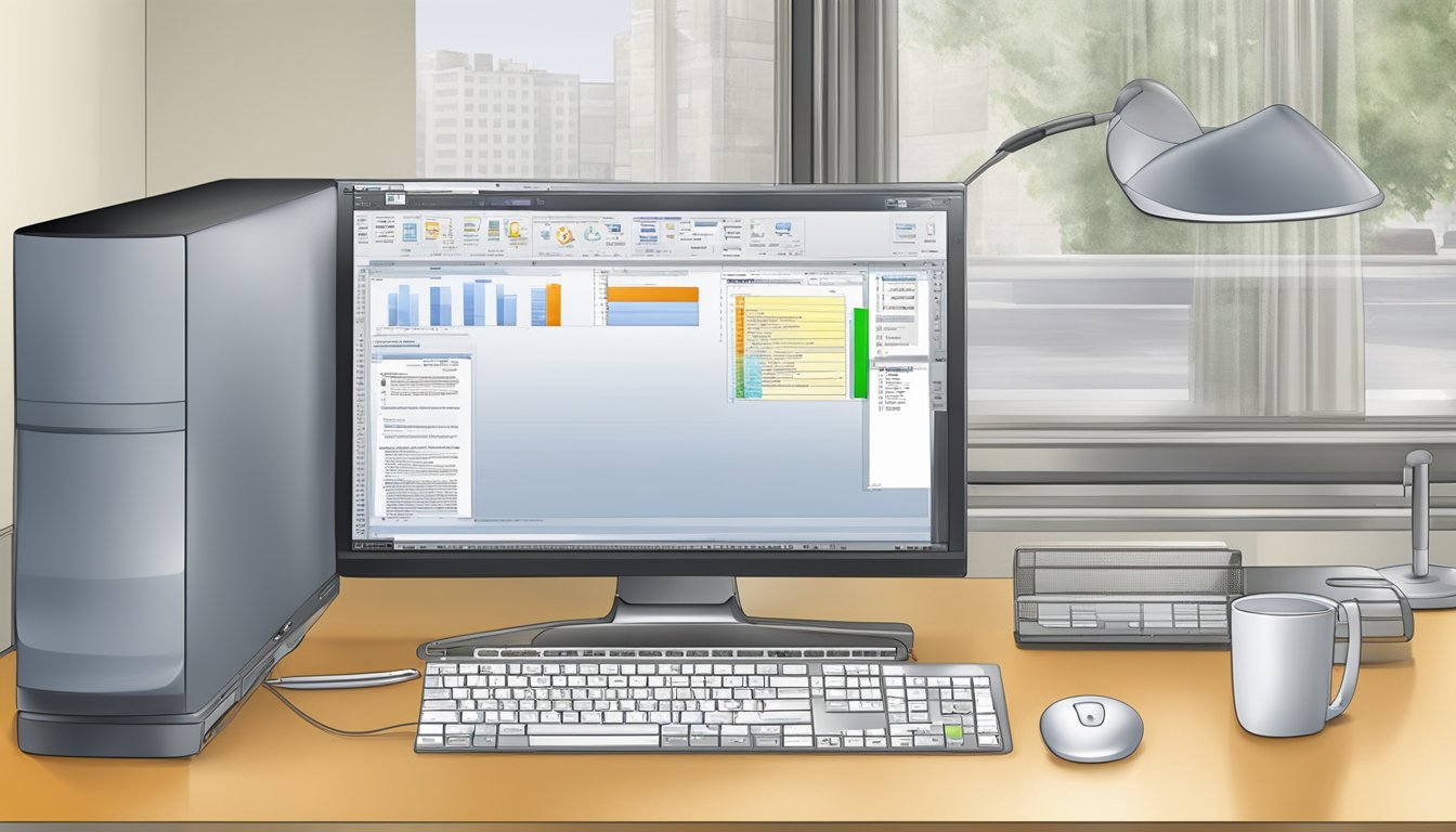 A computer screen displaying the Microsoft Office 2010 interface, with a keyboard and mouse nearby. The software is open and ready for use