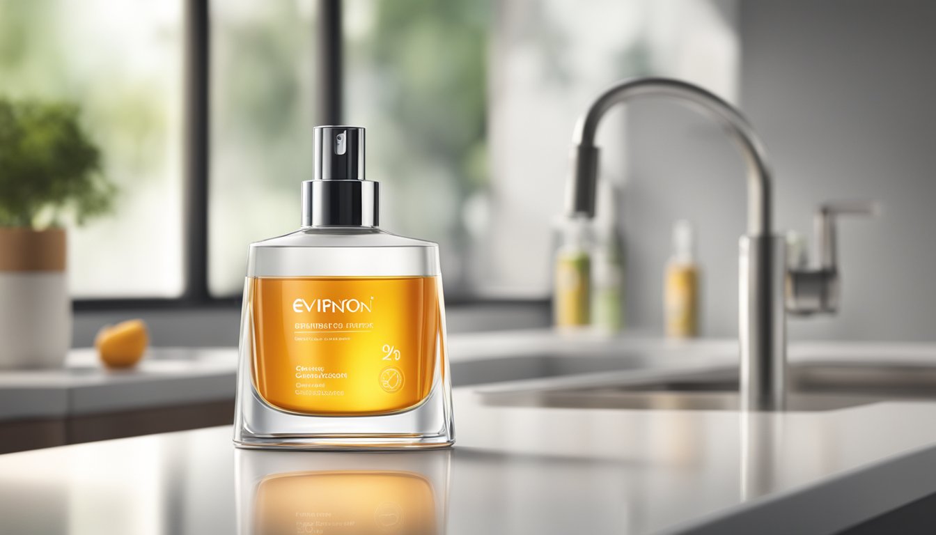 A bright, glowing bottle of Environ AVST 5 stands on a clean, modern countertop, surrounded by soft, natural lighting