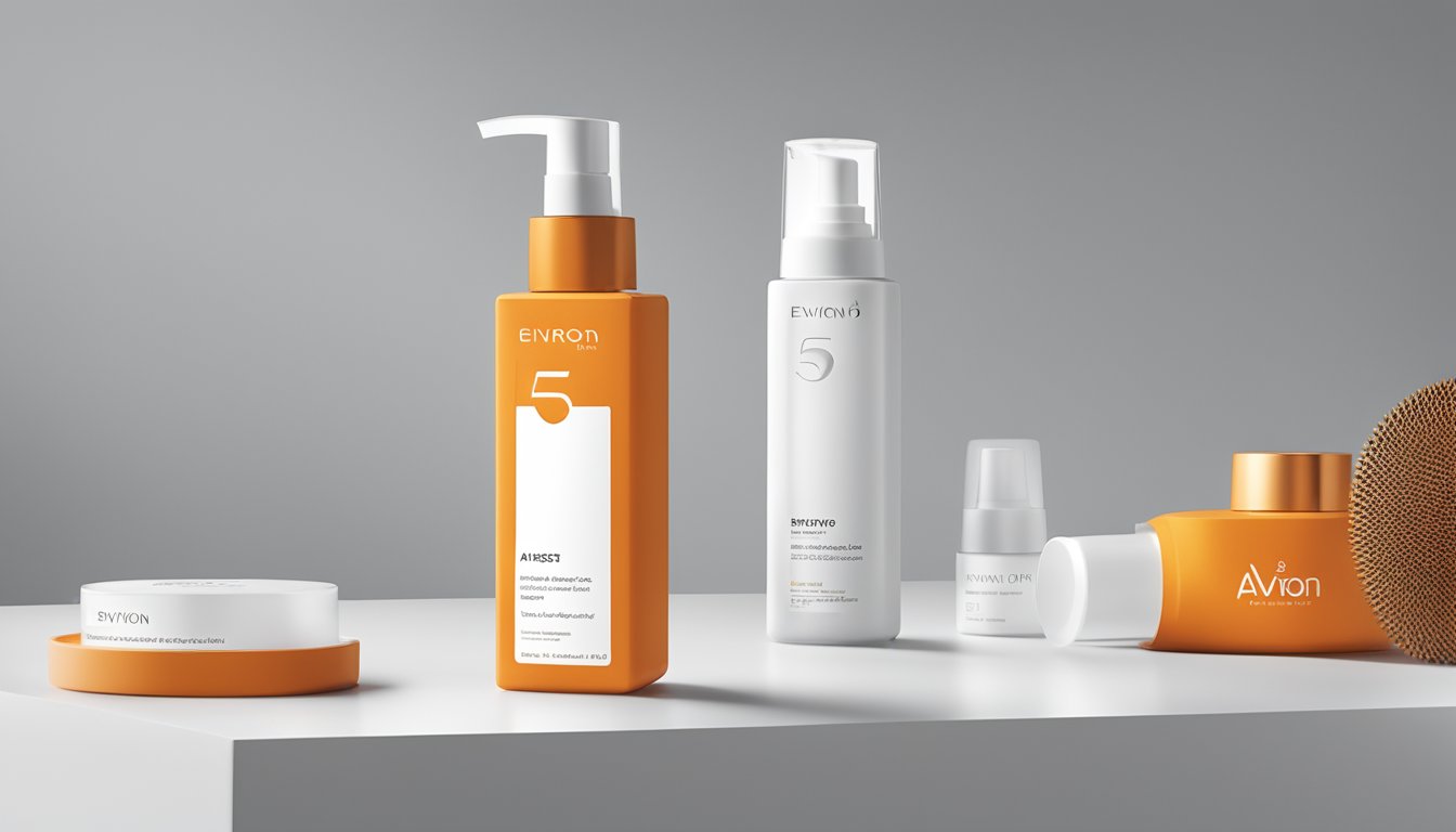 A bottle of Environ AVST 5 sits on a clean, white countertop. Soft lighting highlights the sleek, minimalist packaging, showcasing the product's sophistication and quality