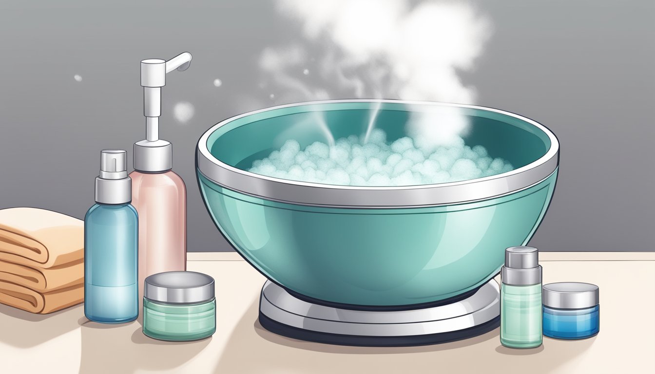 A facial steamer emitting steam over a bowl of water, with skincare products and a towel nearby