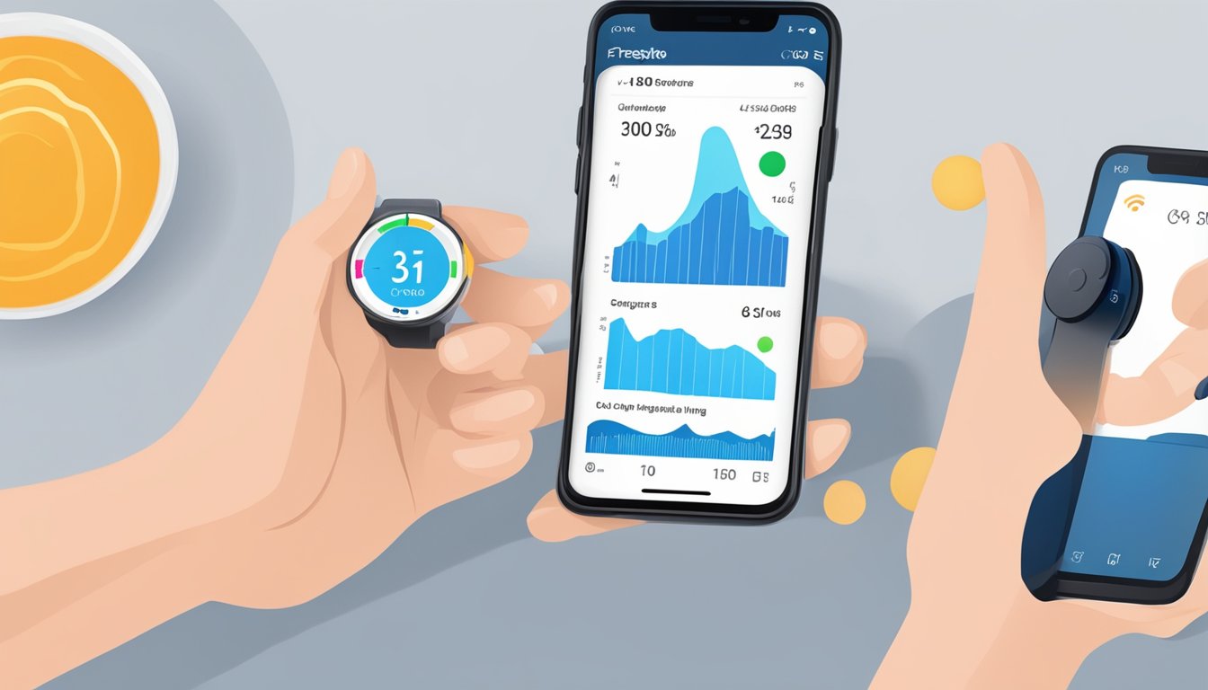 A hand holding a Freestyle Libre sensor, with a smartphone displaying glucose readings in the background