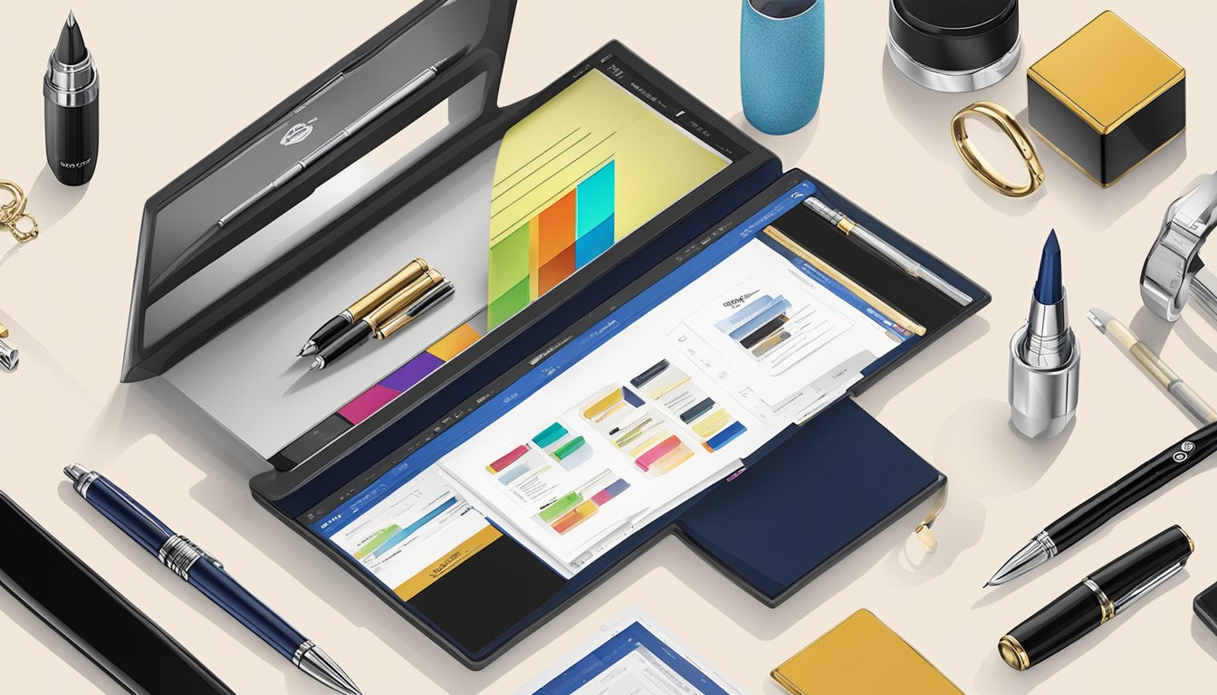 A computer screen displaying the Montblanc website with a variety of luxury pens and accessories available for purchase