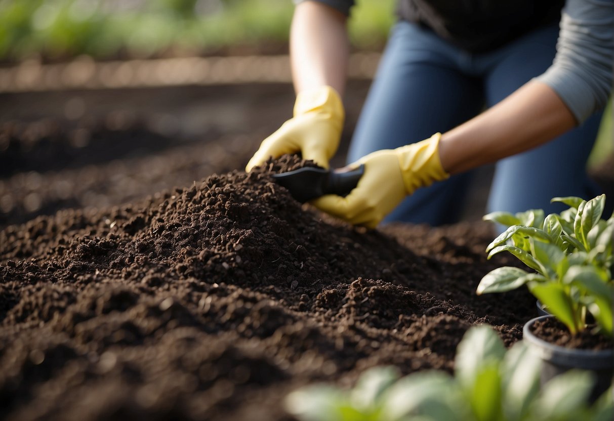 Soil being turned and mulched, outdoor plants covered with protective fabric, pots moved to sheltered area