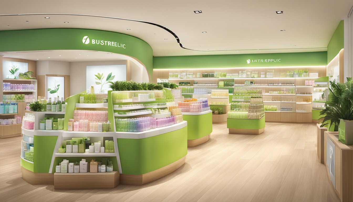A bustling Nature Republic store in Singapore, with vibrant displays of skincare products and a welcoming atmosphere