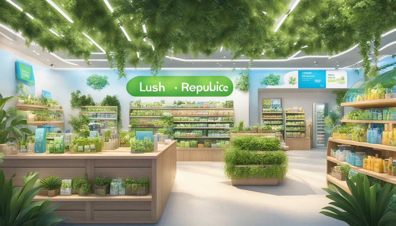 A lush green forest with a clear blue sky, showcasing the Nature Republic store in Singapore with its vibrant signage and natural-themed decor