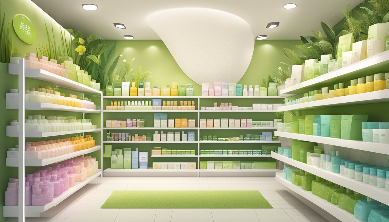 A colorful display of Nature Republic skincare products arranged neatly on shelves with price tags and promotional signs