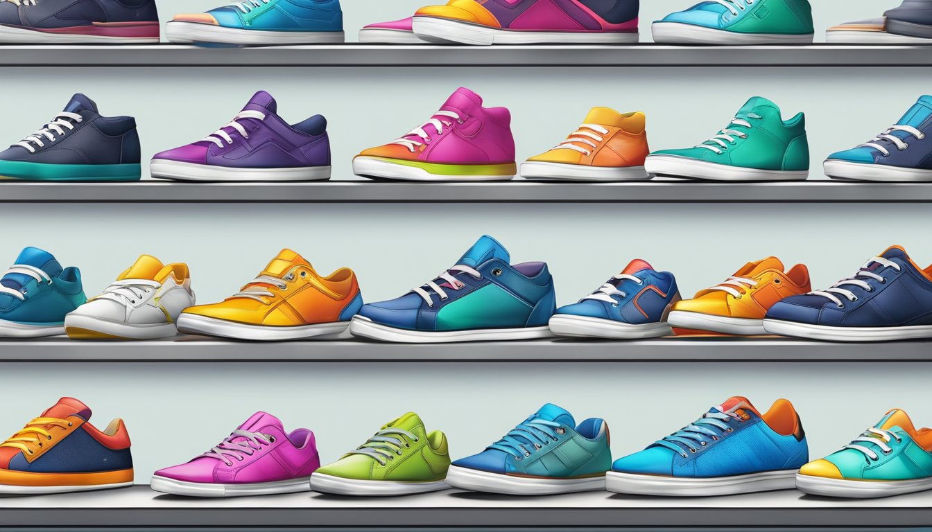 A colorful display of Guess sneakers arranged neatly on a sleek, modern shelf, with vibrant and eye-catching designs