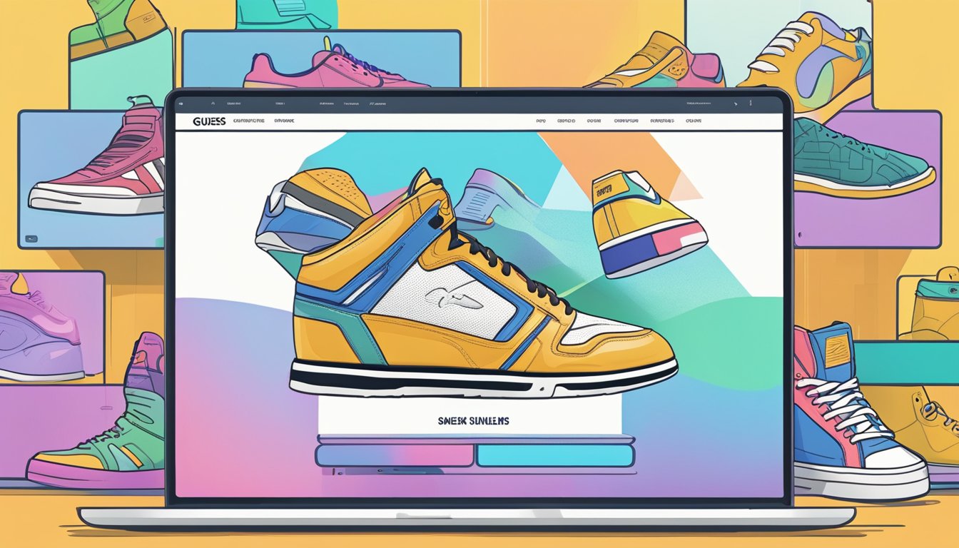 A laptop displaying the Guess sneaker website, with a cursor clicking on the "buy online" button. Various sneaker options are displayed on the screen