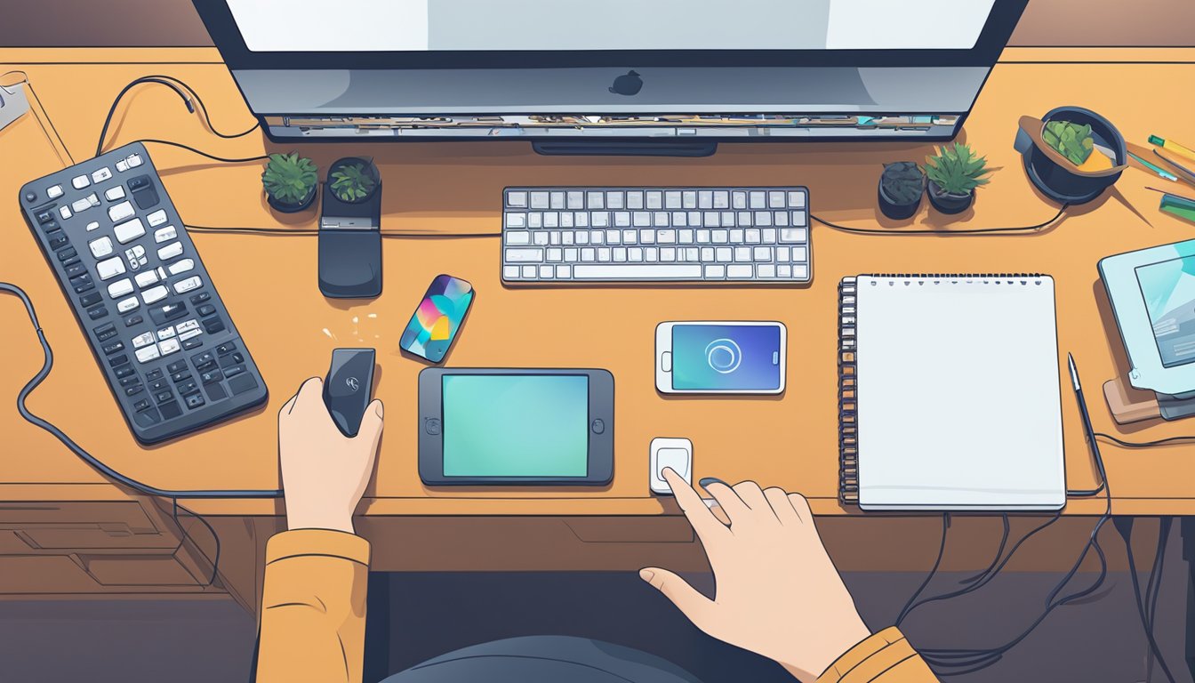 A hand reaches for a sleek HDMI switch on a clutter-free desk, with various electronic devices neatly connected to it