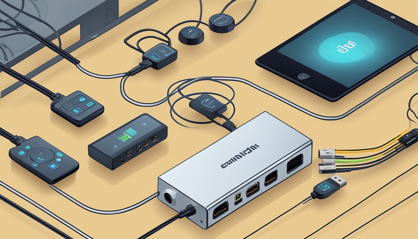 Multiple electronic devices connected to an HDMI switch, with cables neatly organized and a remote control nearby