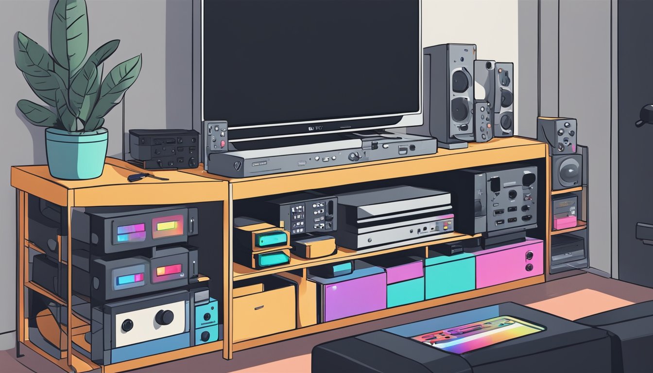 An HDMI switch sits on a sleek black shelf, surrounded by various electronics. A TV remote and gaming console controllers lay nearby