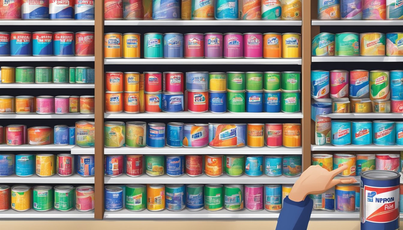 A hand reaches for a can of Nippon Paint in a Singaporean hardware store. The vibrant colors of the paint cans stand out against the shelves