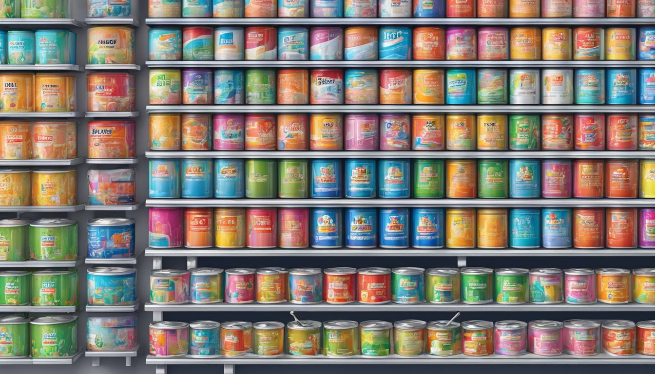 A colorful array of Nippon Paint cans displayed in a clean, well-lit Singaporean paint store