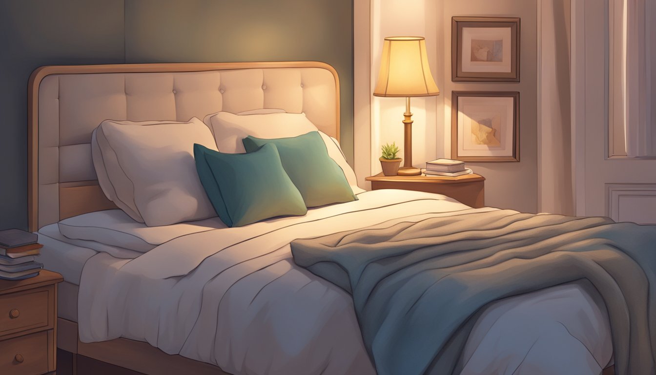 Soft, warm lighting from a bedside lamp cascades over a neatly made bed with fluffy pillows. A book lies open on a nightstand, and a cozy blanket is draped over the foot of the bed