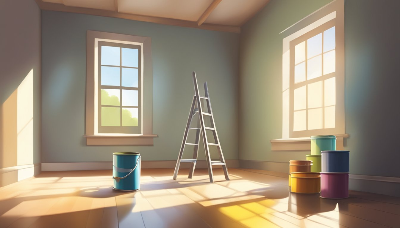A room with a blank wall, paint cans, brushes, and a step ladder. Sunlight streams in through a window, casting shadows on the floor