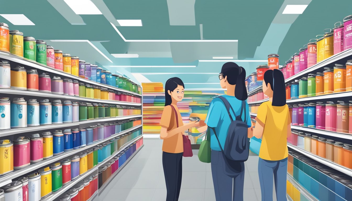 Customers browsing through a colorful display of Nippon Paint cans with a sign reading "Frequently Asked Questions" in a Singaporean paint store
