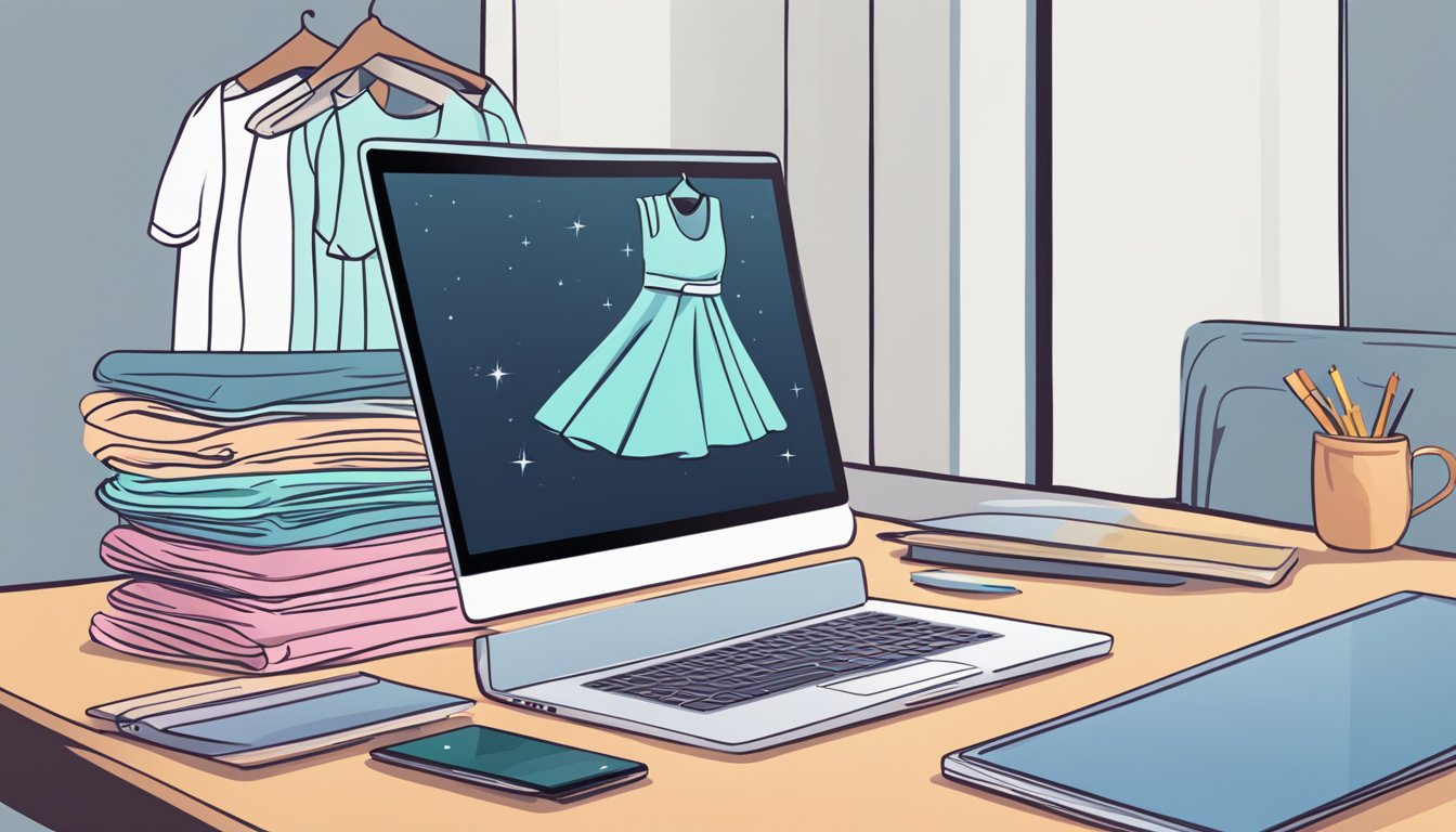 A laptop open on a desk, with a search bar showing "buy night dress online". A stack of folded night dresses next to it