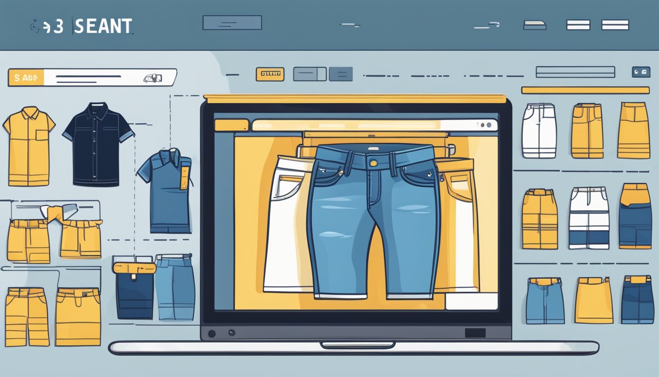 A computer screen displaying a variety of jeans on an online shopping website, with a cursor clicking on the "Add to Cart" button