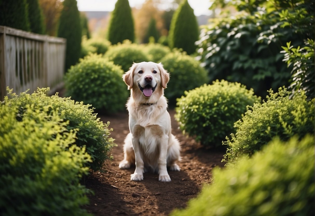 Lush green shrubs and bushes fill the garden, all non-toxic to dogs. Safe outdoor plants create a dog-friendly environment