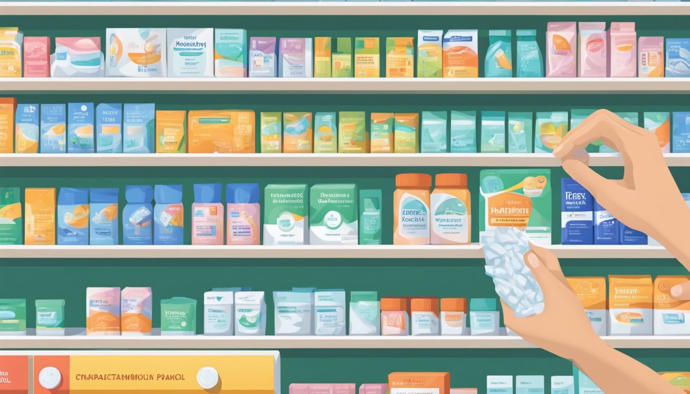 A hand reaches for a box of paracetamol on a pharmacy shelf in Singapore. The packaging is bright and clearly labeled