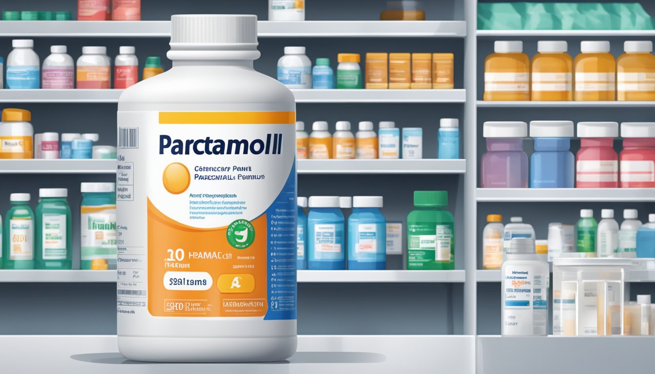 A bottle of paracetamol sits on a pharmacy shelf, with the label clearly displaying the brand name and dosage. The background shows other medical supplies and products