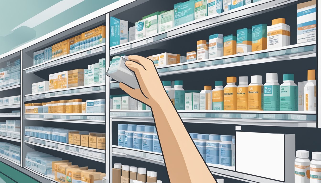 A hand reaches for a box of Paracetamol on a pharmacy shelf in Singapore. The packaging prominently displays the product name and dosage information