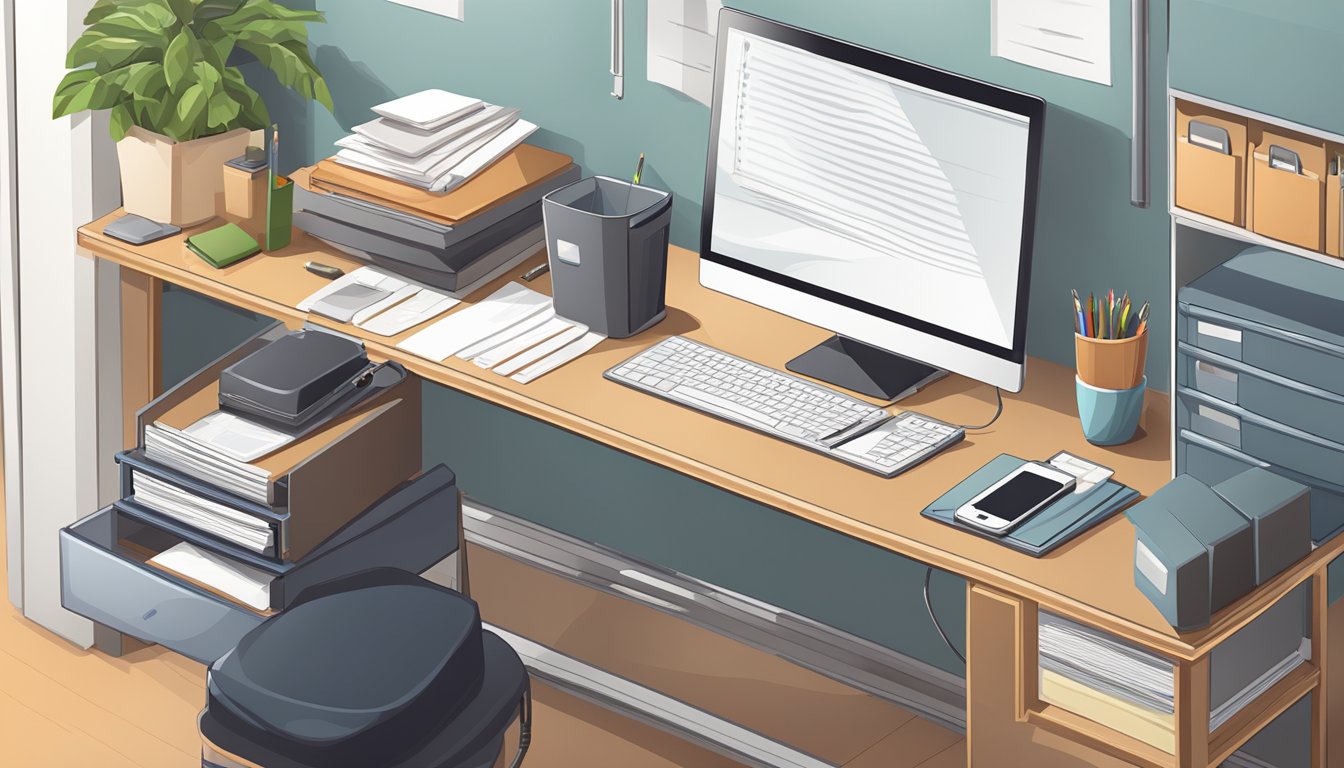 A neatly organized office desk with a computer, phone, and a stack of paperwork. A row of neatly hung professional clothing in the background