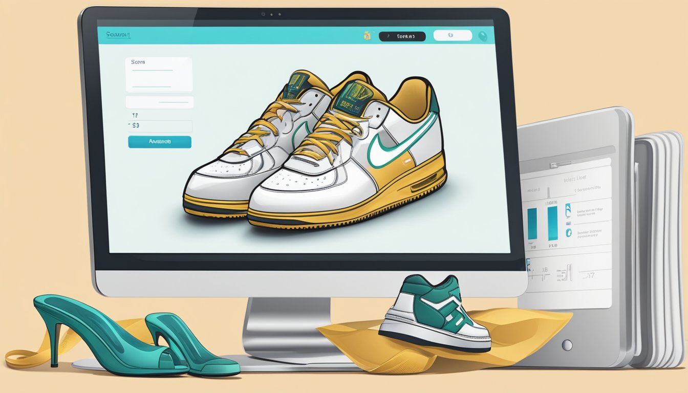 A computer screen displaying a shoe website with a size chart, a measuring tape, and a pair of shoes in a virtual shopping cart