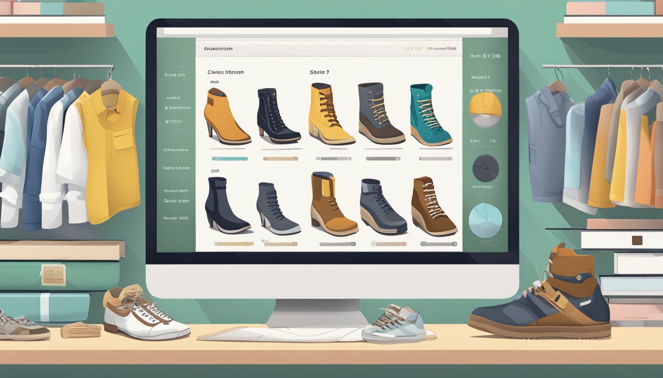 A computer screen displaying a variety of shoe options with size charts and measurement guides, a tape measure, and a happy customer receiving a perfectly fitting pair of shoes in the mail