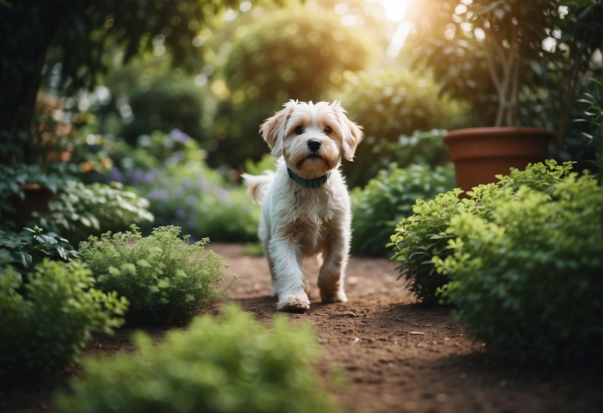 Lush green garden with dog-friendly plants and trees, a playful pup exploring without worry