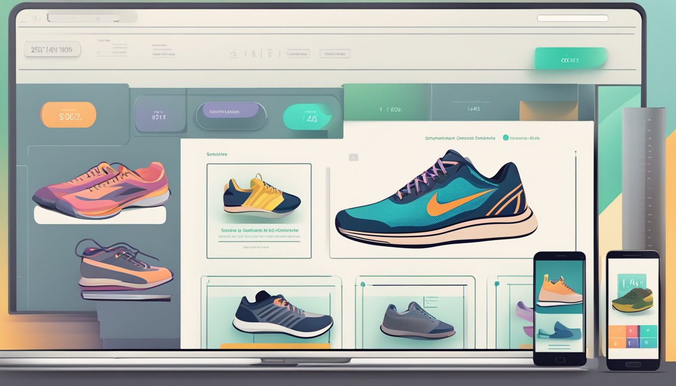 A computer screen displaying a variety of shoe options with size charts and measurement guides. An open web browser with secure payment options visible