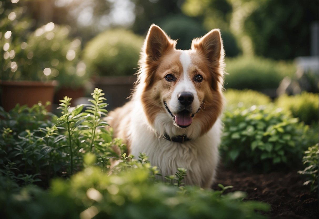 A dog-friendly garden with non-toxic plants, a dog happily exploring the greenery