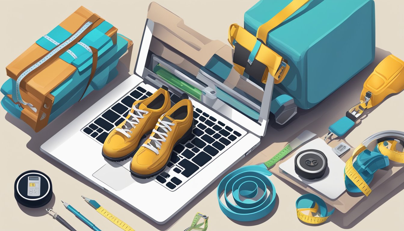 A laptop with a shoe website open, a measuring tape, and a pair of shoes in a cart