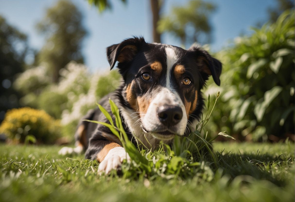 A dog lying on the grass surrounded by various non-toxic outdoor plants, with a concerned owner looking on and a vet administering emergency care