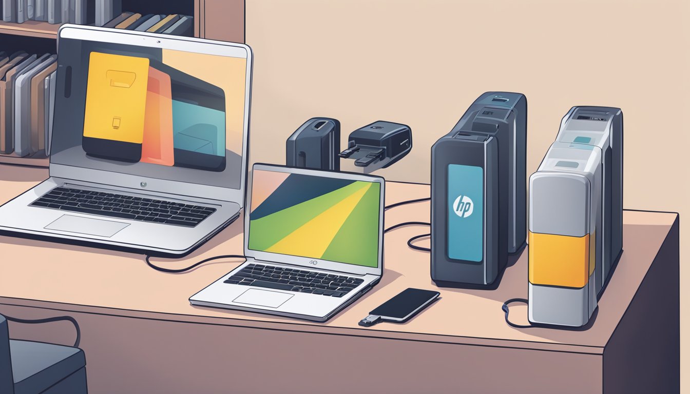An open laptop with a low battery icon on the screen, next to a variety of HP notebook chargers displayed on a shelf