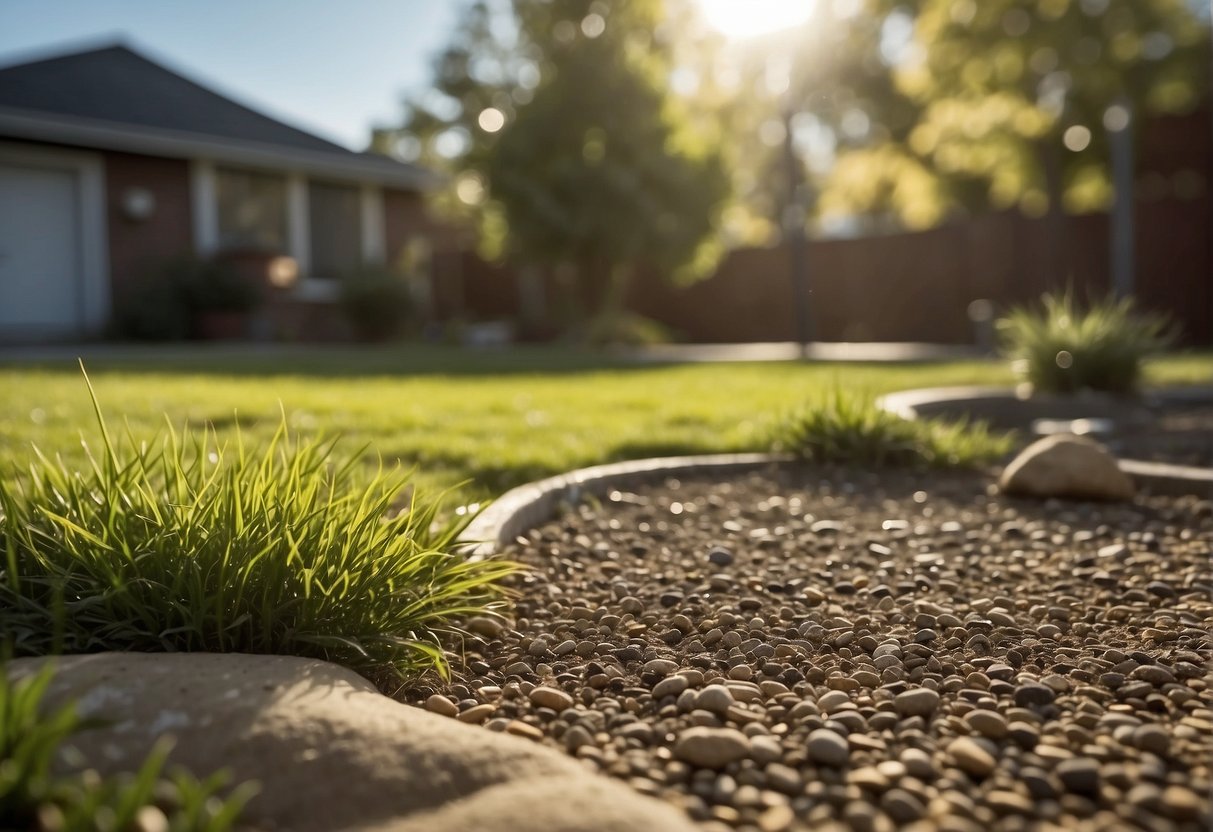 A sunny backyard with a shaded area, flat ground, and easy access to a water source. A designated space for the potty area with a gravel or turf surface and a nearby waste disposal bin