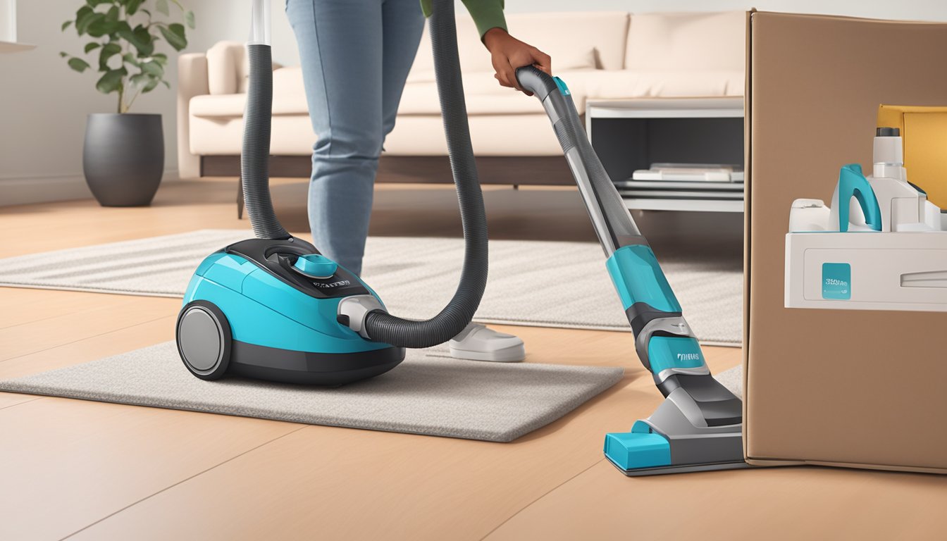 A hand clicks "buy now" on a Philips vacuum cleaner website. The vacuum arrives in a box, is assembled, and used to clean a living room