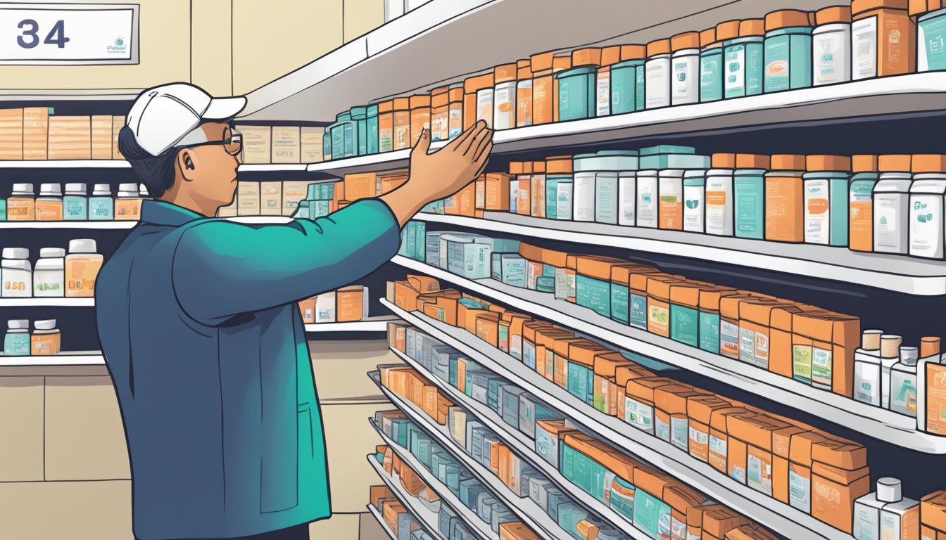 A hand reaches for a box of ibuprofen on a pharmacy shelf in Singapore