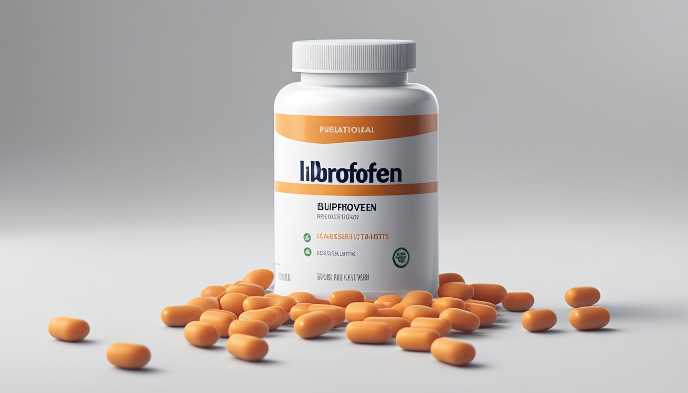 A bottle of Ibuprofen sits on a white countertop, with the label clearly visible. A few tablets are scattered next to the bottle