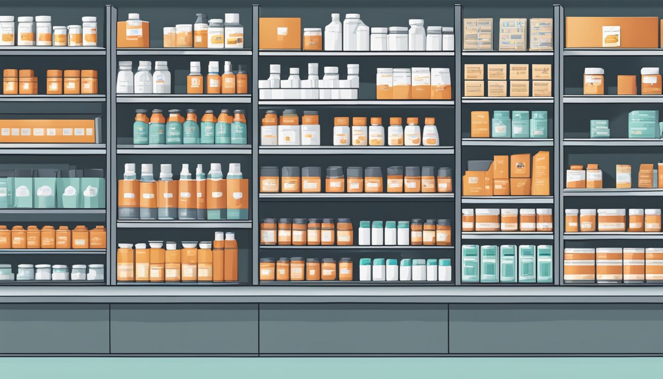 A pharmacy shelf displaying boxes of ibuprofen in Singapore, with a sign indicating "Frequently Asked Questions" and a map showing the location of the store