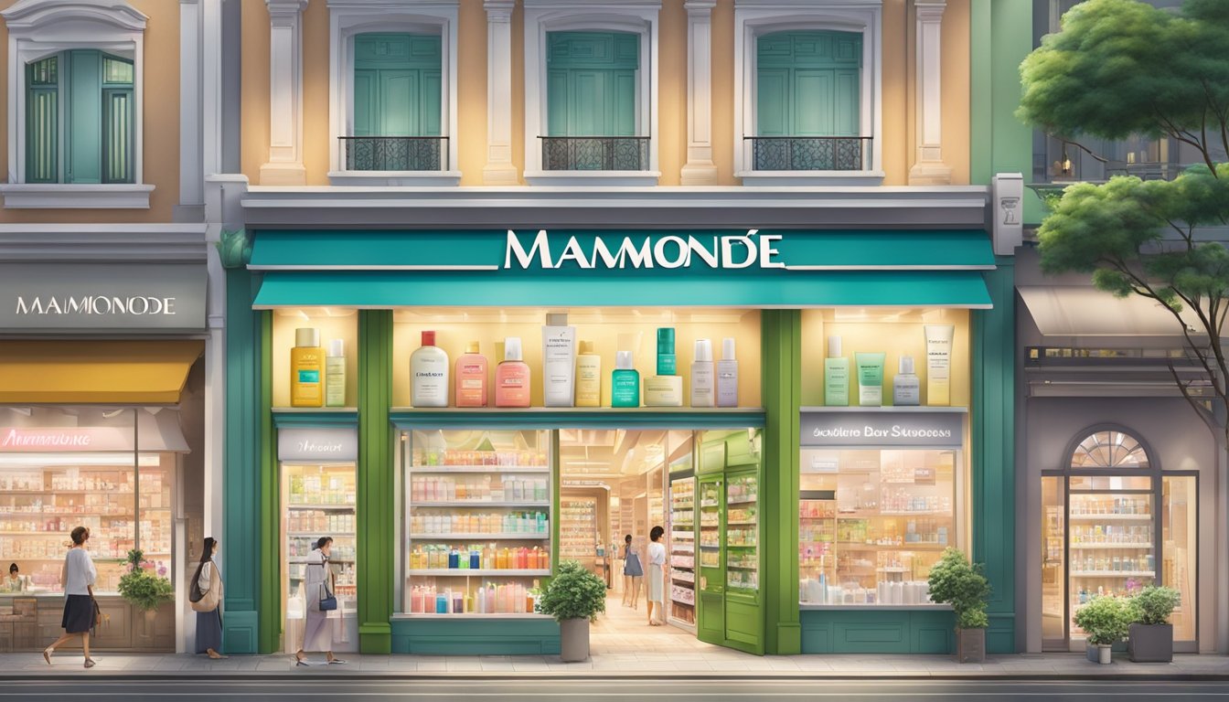 A bustling street in Singapore, with a vibrant storefront displaying the Mamonde brand logo and a variety of skincare products on shelves