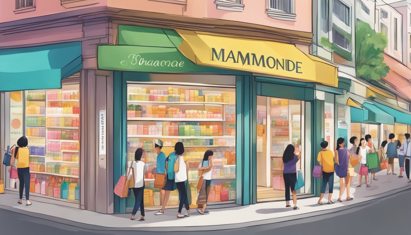 A bustling street in Singapore, with colorful storefronts and a prominent sign reading "Mamonde." Shoppers browse the beauty products inside