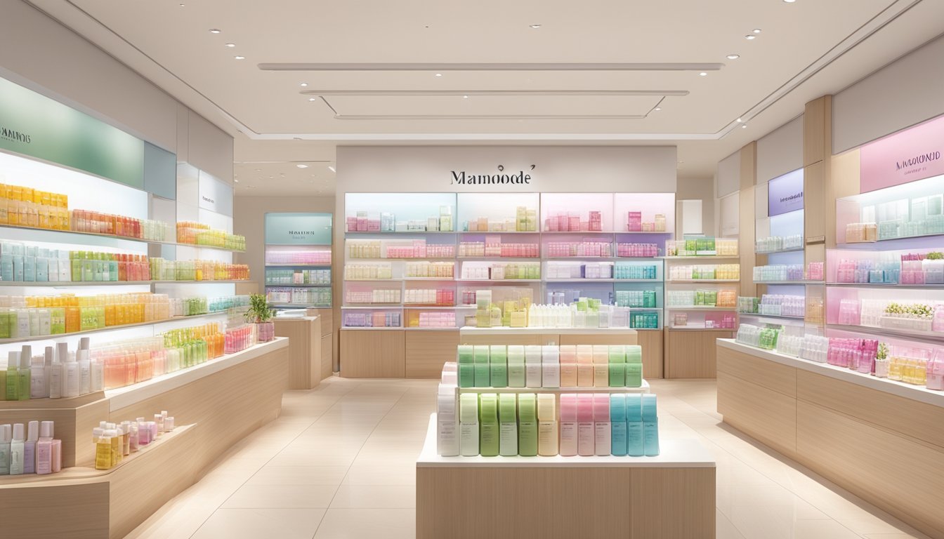 A vibrant display of Mamonde products in a Singaporean retail store, with clear signage and attractive packaging