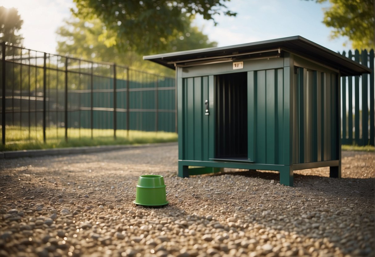 A dog potty area with gravel base, surrounding fence, and a covered roof for shade. Water and waste disposal stations are also included