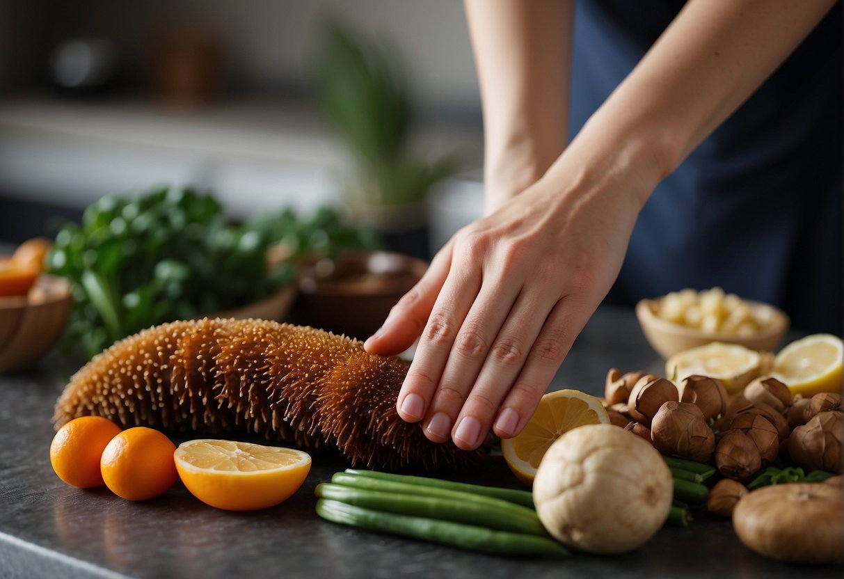 A hand reaches for sea cucumber, ginger, and scallions on a kitchen counter for a Chinese New Year recipe